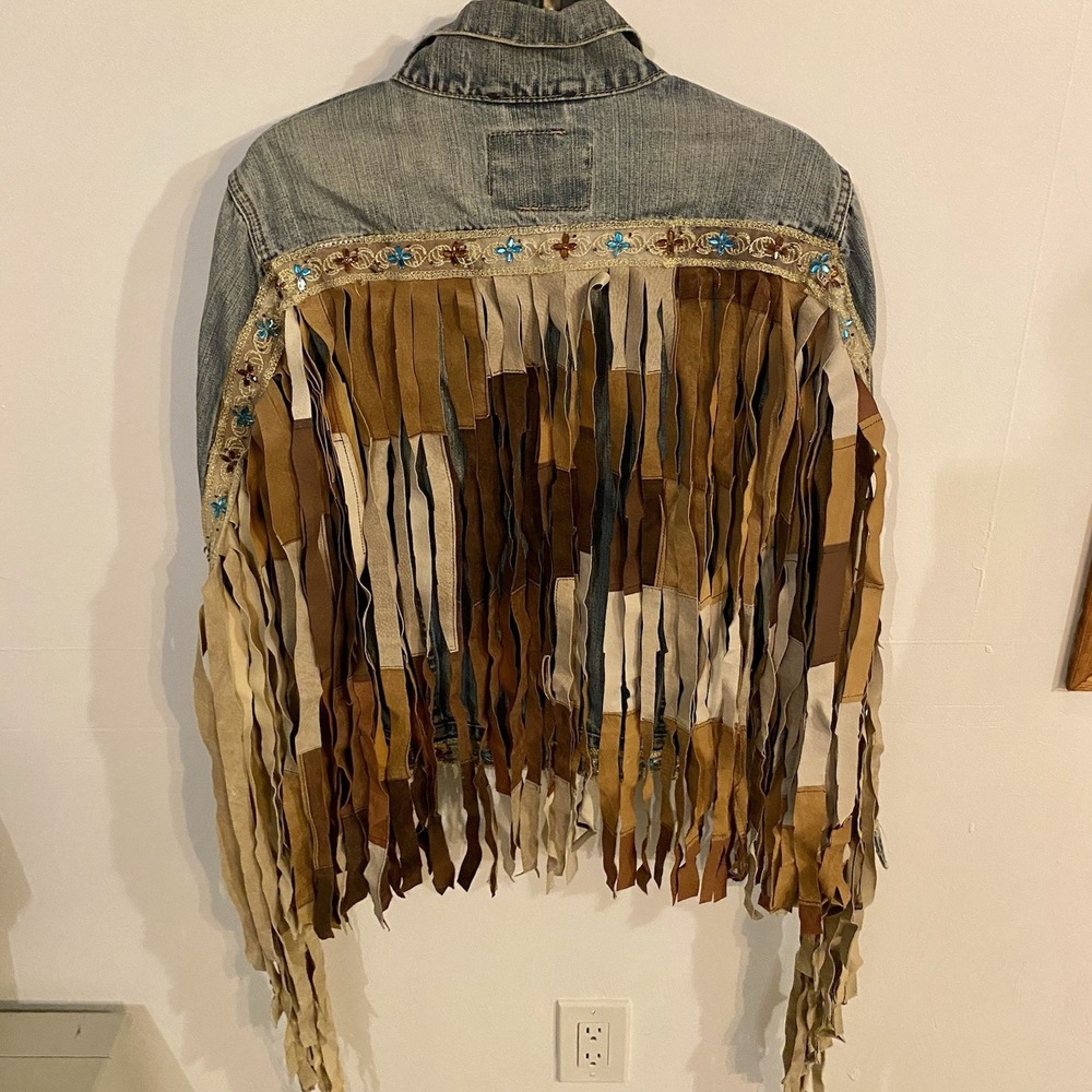 Custom Vintage Blue Denim Leather Southwest Fringe Turquoise Detail Jacket Sz S
